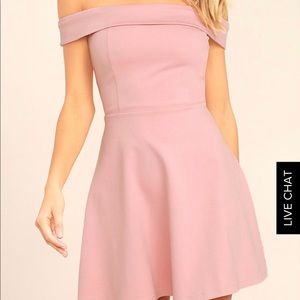 BLUSH PINK OFF-THE-SHOULDER SKATER DRESS